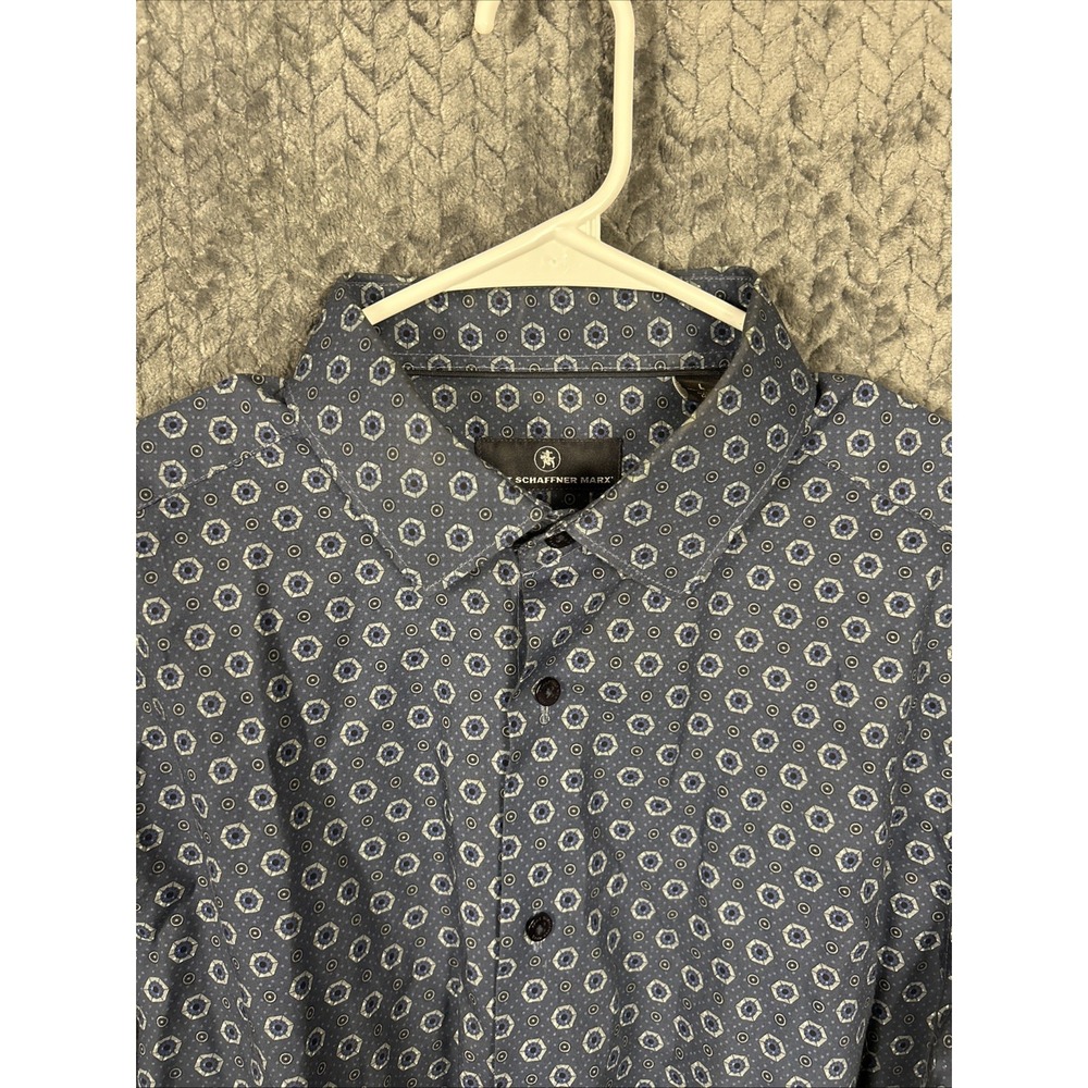 HART SCHAFFNER MARX MENS L LONG SLEEVE BUTTON UP SHIRT BLUE GEOMETRIC COLLAR